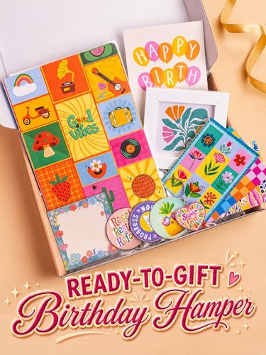 Image of DOODLE Happy Vibes Gift Hamper for Girls | 14 Cute Goodies with Notebook, Stickers, Photo Frame, Magnets, Key Ring, Thoughtful Card, Notecards & Chit Pad | Ready-to-Gift Birthday Hamper