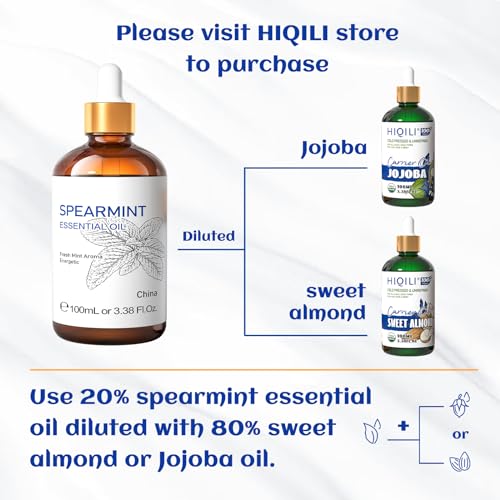 Image of HIQILI Spearmint Essential Oil for Diffuser, Skin & Hair Care | Includes 10ml Travel Bottle, Refreshing Minty Aroma for DIY Lotions, Creams & Aromatherapy - 100ml / 3.38 fl oz