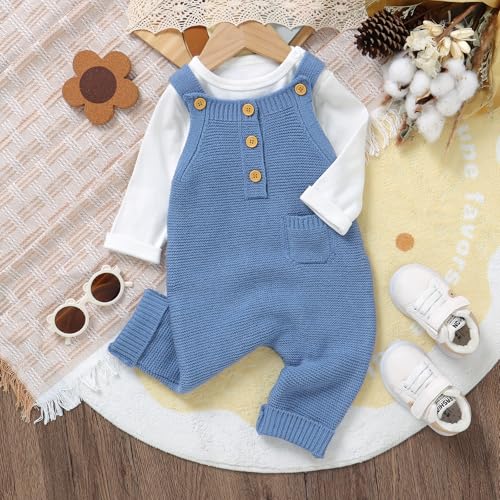 ZAXARRA Newborn Neutral Baby Boys Girls Overalls Button Sleeveless Sweater Romper Ribbed Knit Jumpsuit Fall Winter Clothes4