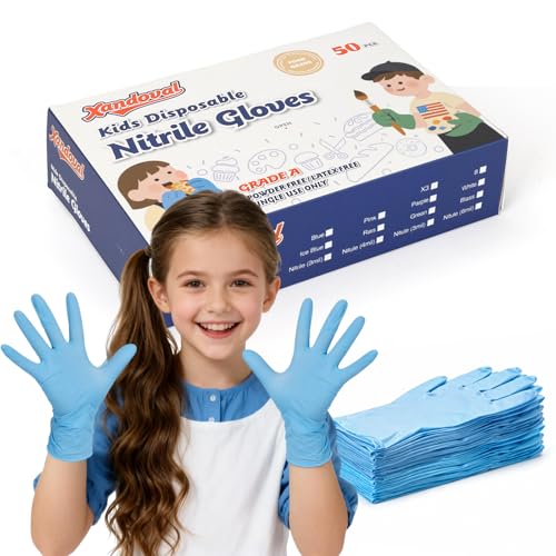 Xandoval Kids Disposable Gloves for 3-8 Years, 5Mil Blue Nitrile Gloves with Latex-Free and Powder-Free, Durable and Protective for Work, Cleaning, Cooking, Gardening (XS,50PCS)