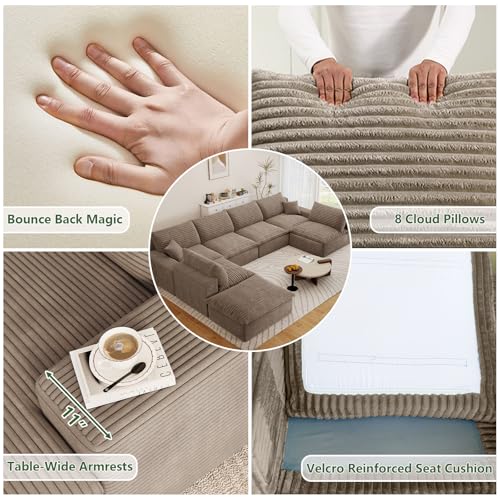 Image of 136 inch Cloud Couch Modular Sectional Sofa for Living Room, U-Shape Boneless Couch with Deep Seat, Modern Corduroy 6-Seater with Ottoman, No Assembly Required, Camel