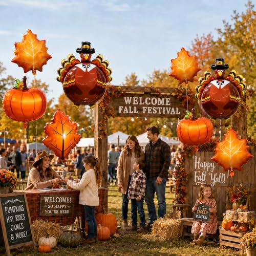 Image of Fall Balloons Thanksgiving Autumn Turkey Pumpkin Maple Leaf Foil Balloons Fall colored Balloon for Thanksgiving Theme Friendsgiving Harvest Baby Shower Birthday Halloween Decorayions