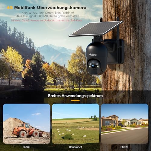 Ctronics 3G/4G LTE &Uuml;berwachungskamera mit SIM Karte, 4G Outdoor Kamera Solar【2,5K HD, PTZ, IP66】 2-Wege-Audio, PIR-Menschenerkennung, 355&deg;/90&deg; Solarkamera kompatibel mit Telefon/Tablet/PC