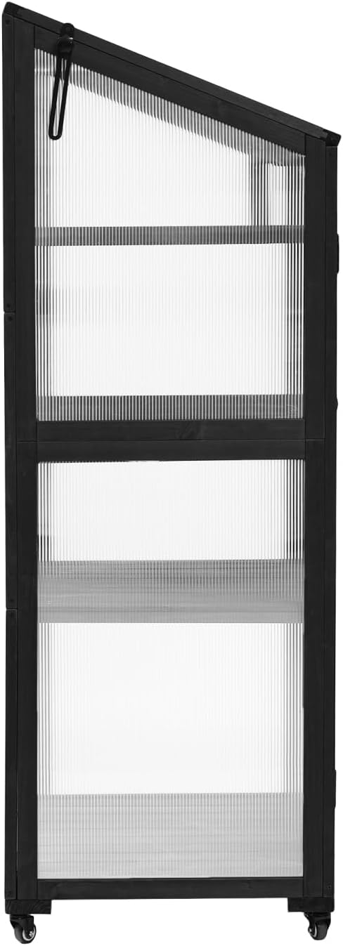 62inch Height Wood Large Greenhouse Balcony Portable Cold Frame with Wheels and Adjustable Shelves for Outdoor Indoor Use, Black