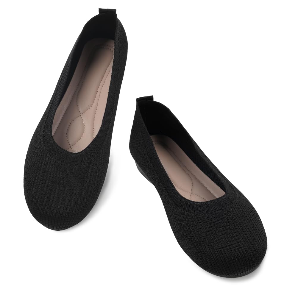 OFFCUP Damskie płaskie buty o szerokiej szerokości, dzianinowe buty baletowe, czarne, na co dzień, miękkie, oddychające, okrągłe, balerinowe, płaskie, odpowiednie na zakupy, imprezy, do pracy i na