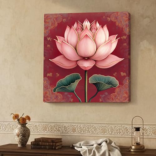 Image of PAINTINGMANTRA Abstract Lotus Blossom Stretched Canvas Painting for Living Room | Modern Floral Serenity Wall Decor Art For Livingroom, Bedroom, Office, Hallways - 22x22 Inch
