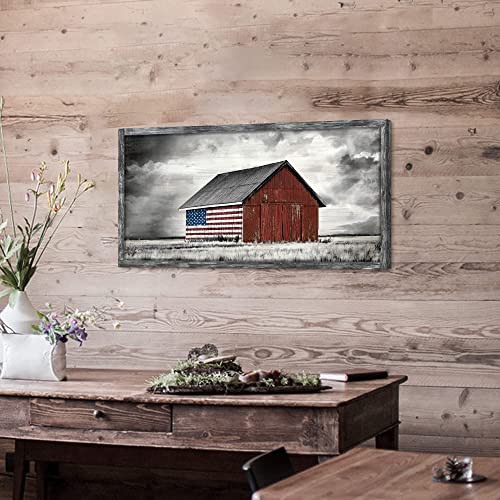 Farmhouse Wood Wall Art Picture: Living Room Framed Rustic Old Barn American Flag Painting Decor Bedroom Large Black White Country Rural Farm Scene Print Horizontal Patriotic Countryside Nature Landscape Artwork For Home Office #TOP5