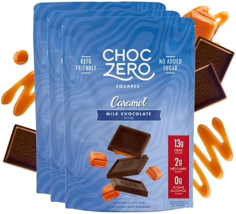 ChocZero Sugar Free Milk Chocolate Squares with Zero Sugar Caramel Filling - Gluten Free Chocolates - Healthy Keto Snacks (3 bags, 30 snack pieces)