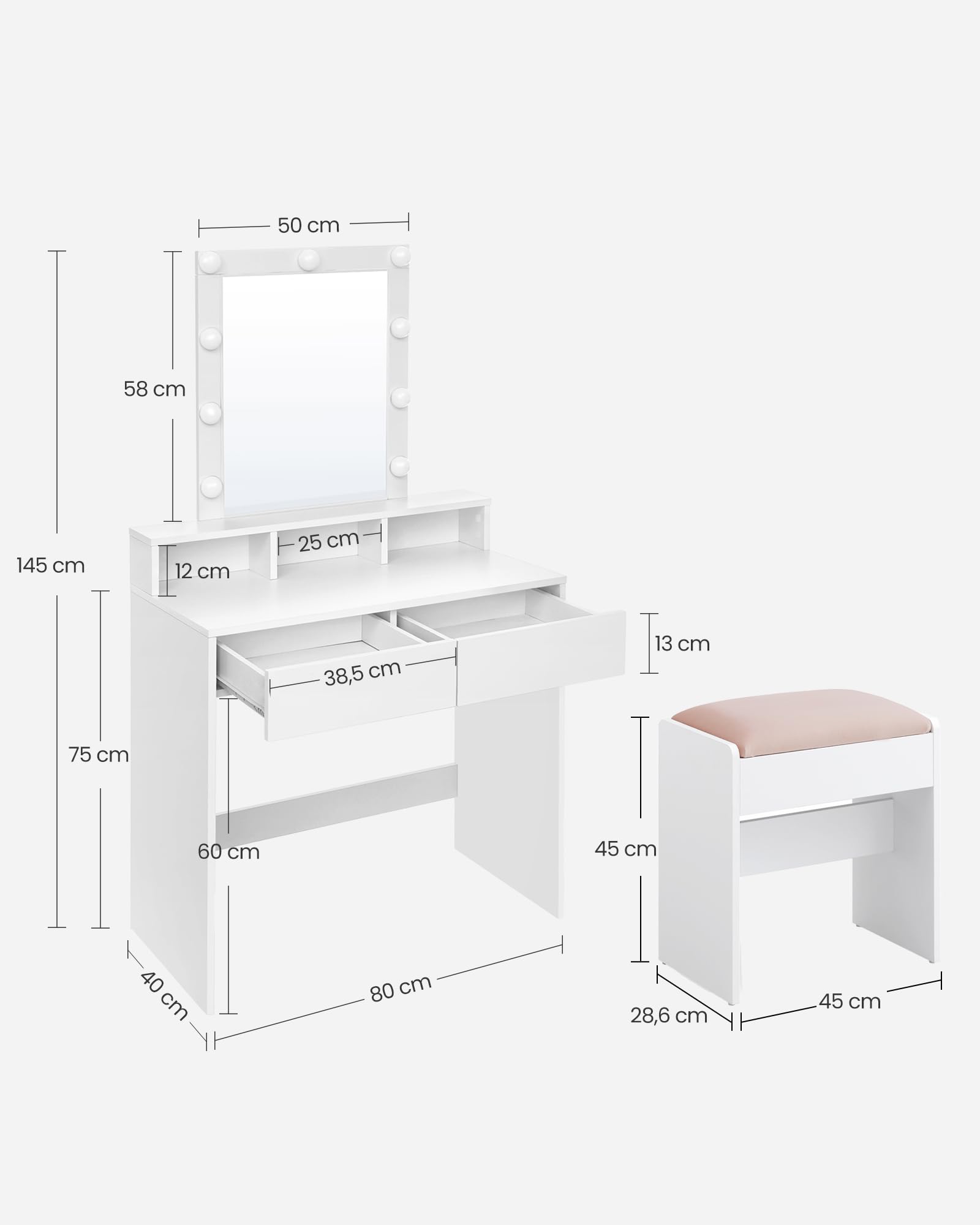 VASAGLE Tocador con Iluminación LED, Taburete de Maquillaje, 2 Cajones