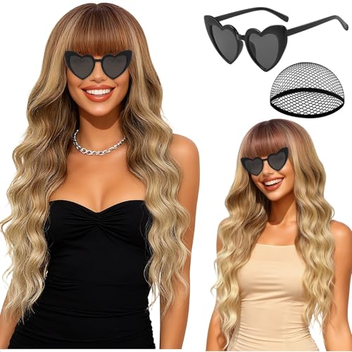 PLULON Ombre Blonde Wavy Wig with Bang for Women, Long Wavy Curly Wigs with Hair Cap Heart-Shaped Sunglasses Heat Resistant Synthetic Curly Hair Natural Looking for Cosplay Bachelor Party Daily Use