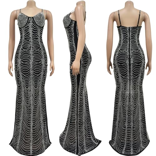 Image of PORRCEY Women's Sexy Rhinestone Lace Sheer Mesh Formal Evening Dress