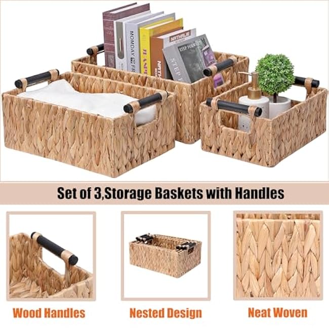 Wicker Storage Basket Shelf Bakets Hand-Woven Water Hyacinth Woven Storage Basket with Wooden Handles,Nested Organizer Container with Built-In Carry Handles,3 Pack