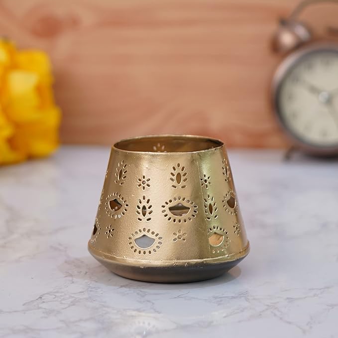 Bougeoir conique en verre blanc et métal doré pour bougie chauffe-plat