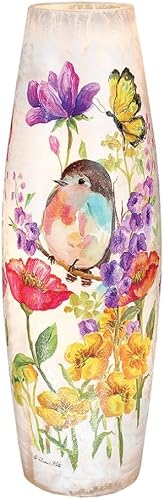 Illuminated Lighted Vase – Large 11.75" Hand-Painted Glass with Blooming Flowers & Bird – Decorative Accent with UL-Certified String Lights