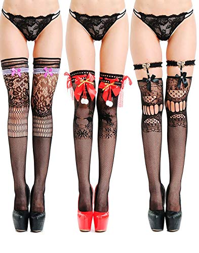 Preisvergleich Produktbild Feoya Damen Reizvolle Strapsstrümpfe mit Strapshalter Strapsen Strümpfe halterlose Netzstrümpfe Netzstrumpfhose 3 Paar