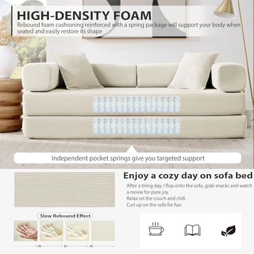 Image of HANXIN 78 Inch Convertible Sleeper Sofa Bed, Folding Floor Mattress Couch with Fixed-Shape Frame, Futon Boneless Couch Lounge Loveseat with Pull Out Bed, No Assembly Required (Beige)