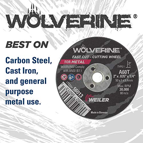 Image of Weiler 56166 4-Inch Cutting Wheel, Wolverine AO Steel /Metal Fast Cut, Value Cutting, 1 /16 inch A36T Type 1 1 /4 inch Arbor (Pack of 50)