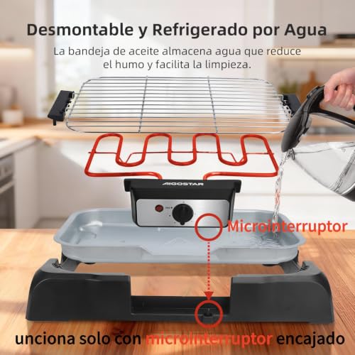 Miniatura 5 de Aigostar Tasty - Grill Sin Humo, Plancha De Asar, Barbacoa Eléctrica Para Interiores, 2000w, Tamaño Compacto, Uso Con Agua: Evita Manchas Y Humo, Bandeja Recoge Grasa, Termostato.