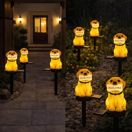 Image of JASIFS Welcome Dog Garden Solar Lights Outdoor Cute Dog LED Decorative Waterproof Garden Stake Lights, Lawn Lamp Light for Garden, Balcony, Patio, Yard Landscape Lighting