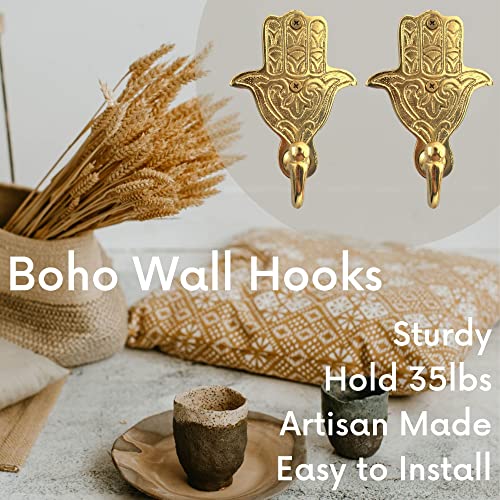 Boudikaa Decorative Hooks For Boho Or Maximalist Decor - Towel Hooks - 2 Pack Heavy Duty 5" Hamsa Hand Coat Hooks, Gold Entryway Key Hooks, Backpack Utility Hooks For Mudroom Or Hooks For Laundry #TOP1