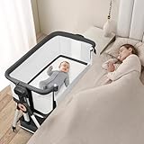 Baby Bassinet Bedside Sleeper, 3 in 1 Rocking Bassinet for Baby, Bassinet Bedside Sleeper with Wheels, Adjustable Height, Storage Basket, Mattress & Canopy, Bed Side Bassinet for Newborn (Dark Grey)