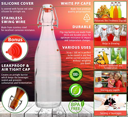 Image of AYL Flip Top Glass Bottle [16 fl. oz. /Pack of 6]- Swing Top Brewing Bottle with Stopper for Beverages, Oil, Vinegar, Kombucha, Beer, Water, Soda, Kefir - Airtight Lid & Leak Proof Cap - Clear