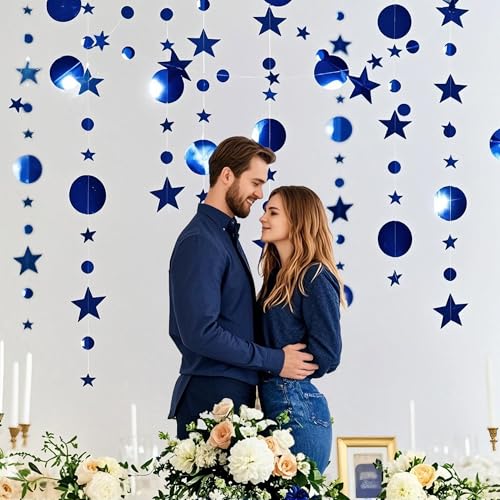 Image of Dark Blue Party Decoration Dark Blue Star Circle Dot Hanging Garland Streamer Decorations Glitter Star Bunting Banner Twinkle Backdrop for Engagement Wedding Anniversary Baby Shower Birthday Christmas