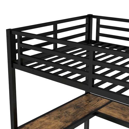 Image of Twin XL Metal Loft Bed with Desk and Shelves, L-Shaped Frame with Ladder and Twin-Length Guardrails, Space-Saving Bed for Bedroom, White