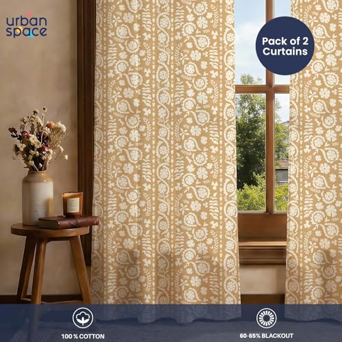 Image of Urban Space 100% Cotton Floral Curtains 5 Feet Long Set of 2, 60-65% Room Darkening, Decorative Curtains with Eyelets /Rings for Hanging, Tieback Included (Dhara Biscuit Beige, Window - 5 Feet)