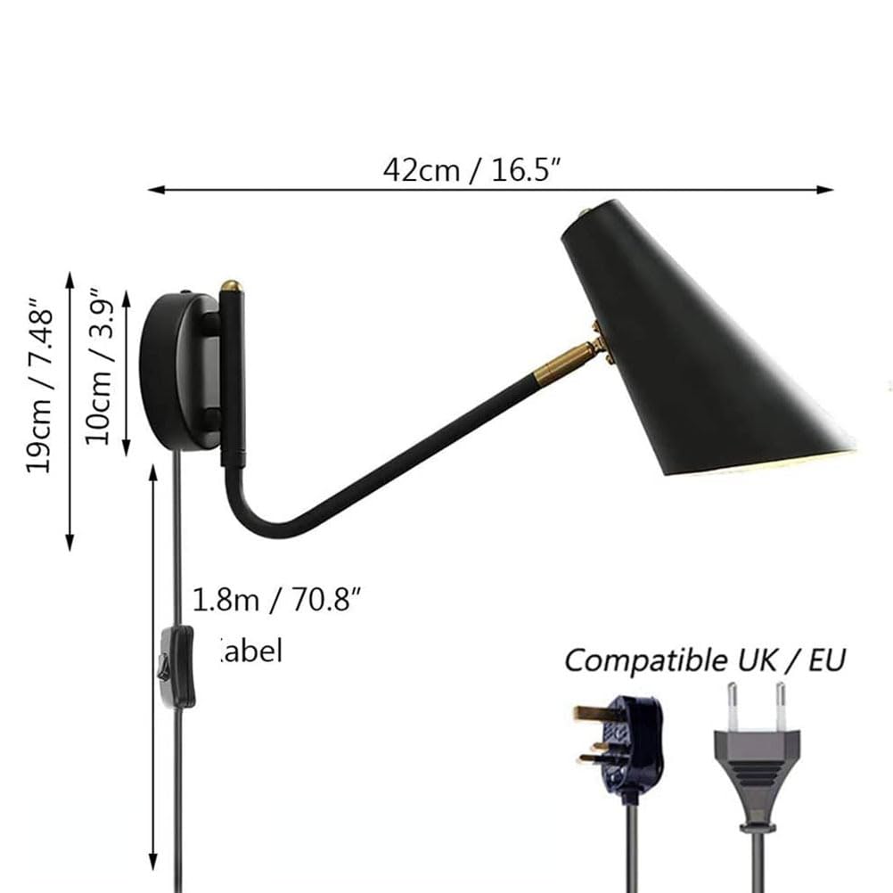 Kinkiet ścienny E27 z obrotowym ramieniem, włącznikiem i kablem, regulowany metalowy uchwyt, retro lampa ścienna do czytania z wtyczką, czarna lampka nocna do salonu, sypialni, hotelu