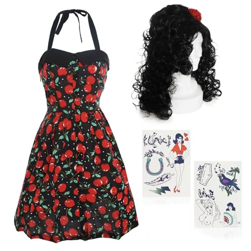 Photo de Costume de chanteur des années 00 - Taille L/XL - Robe Rockabilly, Ruche Noire et Tatouage Set - Adultes Noughties Music Fancy Dress Set d'accessoires de déguisement