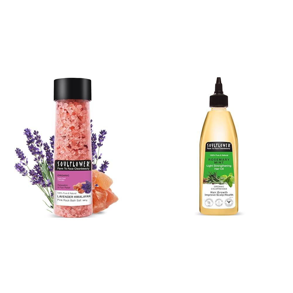Soulflower Lavender Bath Salt Enriched with Himalayan Pink Rock Bath Salt for Relaxing Muscle Rosemary Mint Hair Oil-picture-10