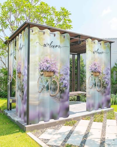 Waterproof Outdoor Curtains for Patio Porch, Spring Gradient Watercolor Floral Grommet Curtain Panel Windproof Outside Curtains Tieback, Welcome Quote Seamless Weighted Window Treatment Drapes