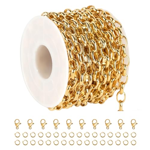 UMAOKANG 16.4 Feet Stainless Steel Oval Chain Gold Plated Chains Bulk with Jump Rings and Lobster Clasps Jewelry Chain Roll
