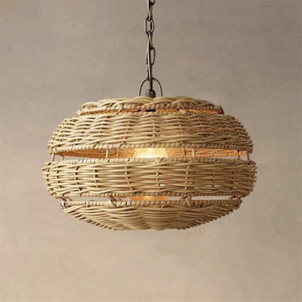 CSSYKV Mid-Century Rattan Basket Pendant Light for Bedroom Lamp Fixtures with E27 Bulb 18.9 Inches Large Farmhouse Rattan Cage Chandeliers for Kitchen Island, Living Room, Master Bedroom