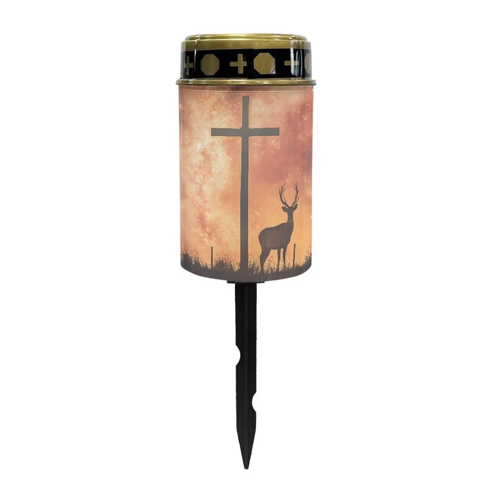 Poceacles Cross Solar Powered Flameless Candle Cemetery Votive Lights, Waterproof Memorial Stake Lights for Outdoor Home Decoration, Deer Cross Galaxy Orange