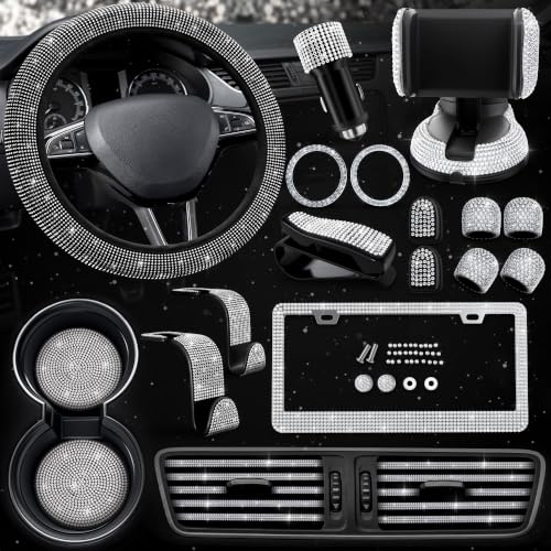 Image of Bling Car Accessories Set 27 Pieces - 14,5-15 inch Silver Steering Wheel Cover, Diamond License Plate Frame, Rhinestone Interior Car Decor, Cup Holders, Hooks, Great Gift for Auto Lovers