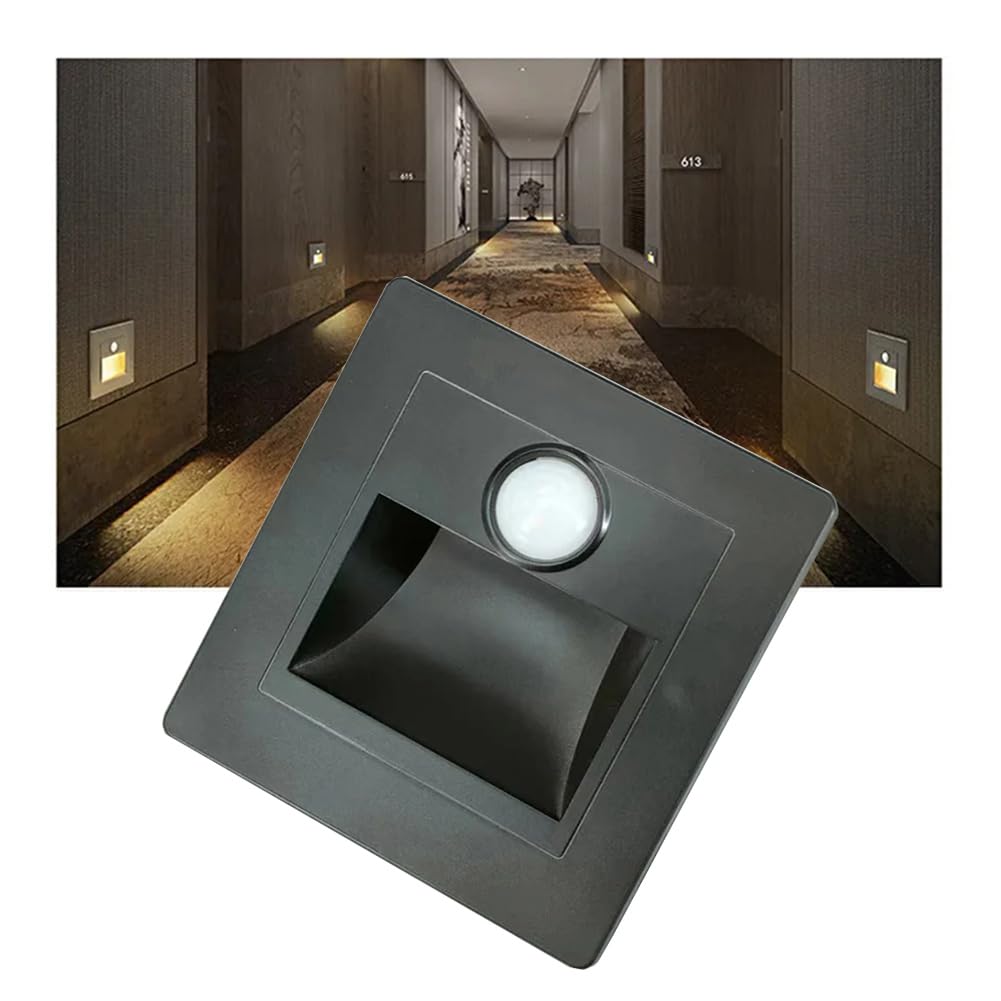 Opaeroo 4Pcs Motion Sensor Stair Lights 3W Recessed LED Step Light 3000K Indoor Stair Step Wall Lamp Staircase Bedroom Decoration 1Pcs Black