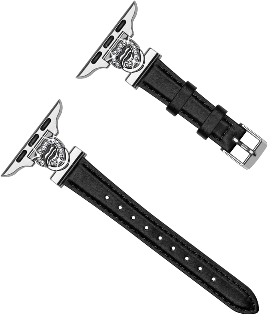 Slim Red Leather Watch Band Compatible with Apple Watch 38mm/40mm/41mm/42mm/44mm/45mm/49mm, for iWatch Series 10/9/8/7/6/5/4/3/2/1 SE/Ultra, Metal Silver Heart-shaped Design Watch Strap Women