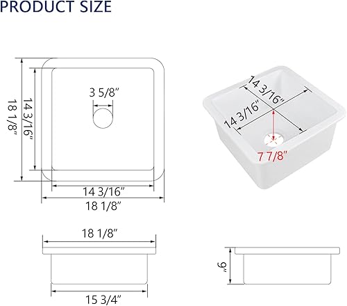 Miniatura 3 de DeerValley Fregadero de Cocina Empotrado de 45.7 cm L x 45.7 cm A Fregadero de Un Solo Tazón de Barro Refractario Cuadrado para Barra con Rejilla y