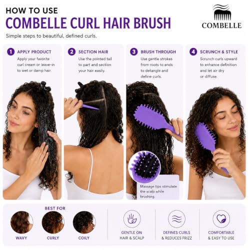 Image of Combelle 5-in-1 Curl Hair Brush | Vegan Boar Bristles | Bio-Based PLA Handle | Detangling, Defining & Frizz Control for Curly & Wavy Hair | For Men & Women - Purple