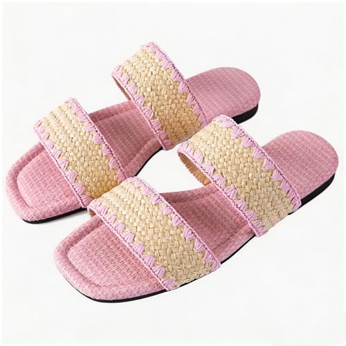 Image of Mtzyoa Women Flat Sandals Raffia Braided Summer Straw Dressy Casual Vacation Bohemian Cute Beach Comfy Slip On Slides
