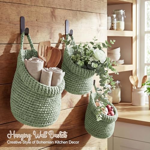Image of Honeydak 3 Hanging Baskets, Sage Green, Barrel, Cotton Rope