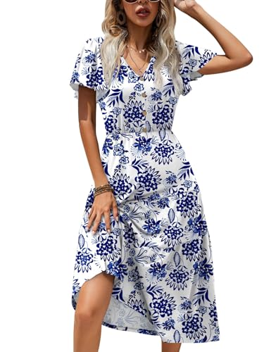 Image of Zeagoo Women's Summer Casual Dress Flutter Short Sleeve V Neck Button Down Tiered Flowy Long Dress with Pockets