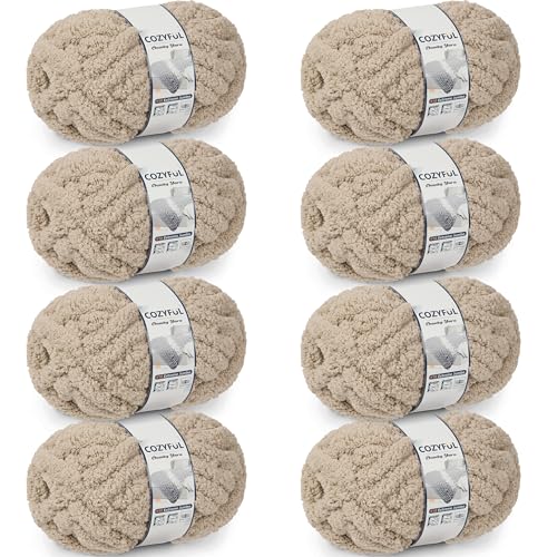 Cozyful Chunky Yarn for Hand Knitting - 10 Chunky Chenille Yarn, Jumbo Big Thick Chunky Yarns for Crocheting, Super Bulky Chunky Knit Blanket Yarns, 8 Skein (25 yds 8 oz Each Skein), Khaki