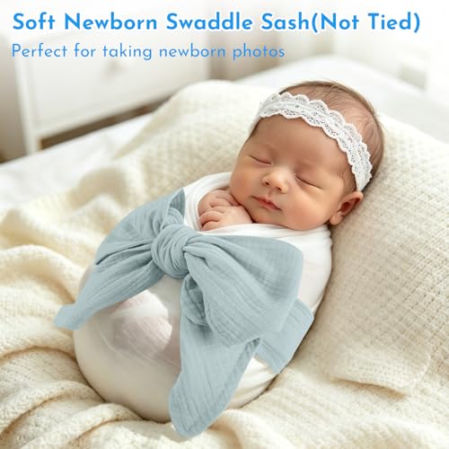 Image of Newborn Swaddle Sash, Soft Muslin Bow Decorative Strap for Swaddles, Adorable Maternity Bow Sash, 70x5.5 Inch, Blue