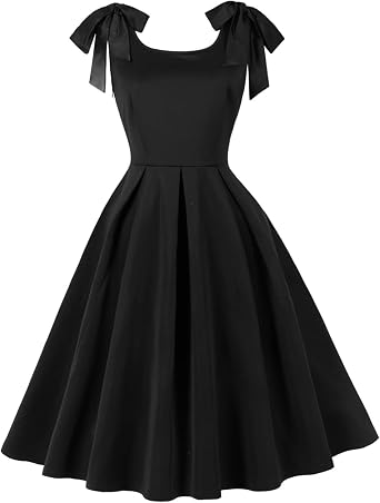 IKADEX Women 1950s Vintage Dress Audrey Bowknot Tie Shoulder Rockabilly Swing Dress Wedding Guest Cocktail Party