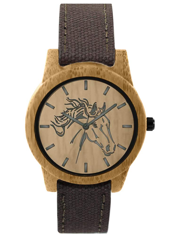Pacific Time Damen Armbanduhr Pferd Holz Canvas Uhrenarmband Textil braun analog Quarz 87205