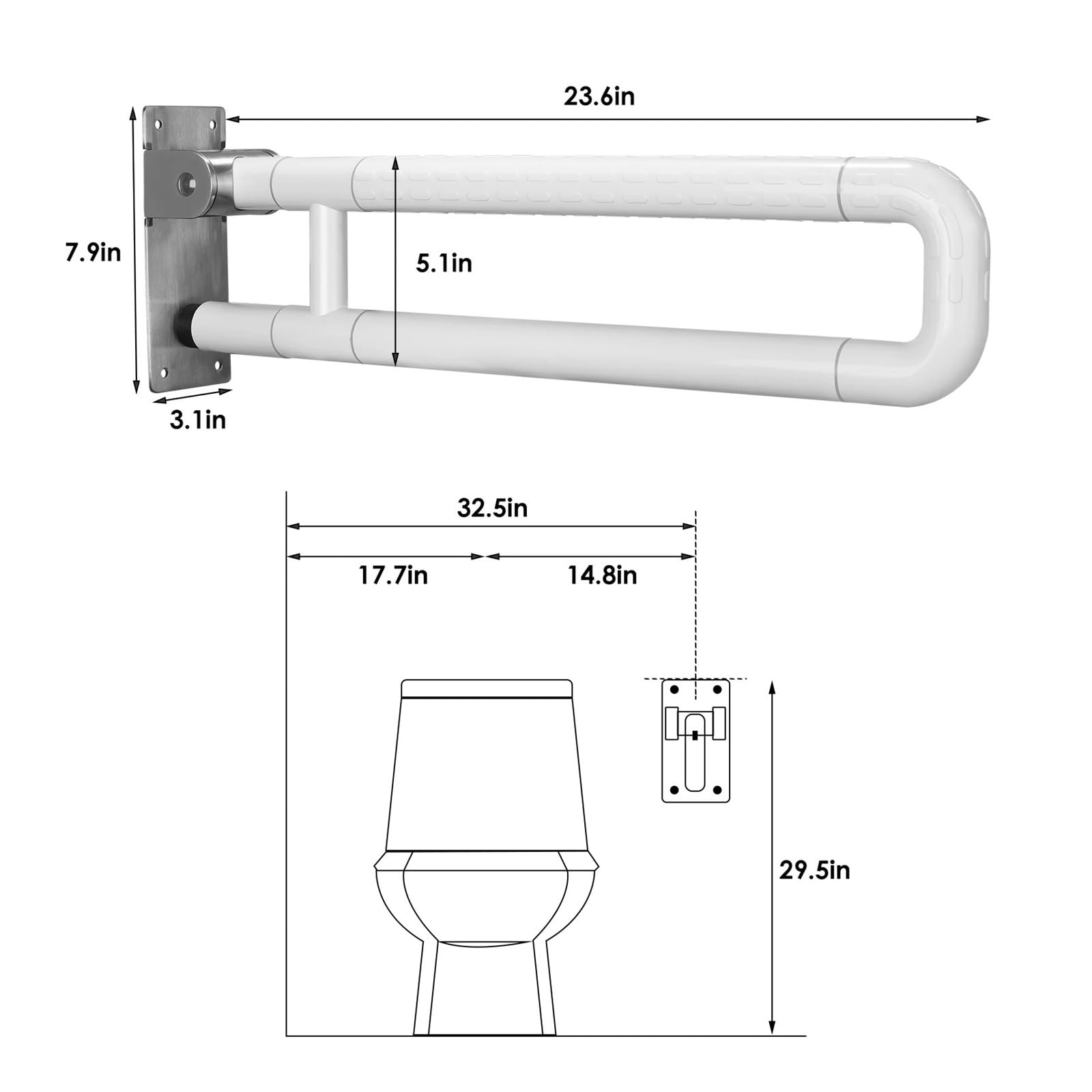 Barra abatible baño Barras de Seguridad for baño 60cm, Marco for Inodoro Acero Inoxidable, Barra Agarre for discapacitados, empuñaduras Mano for