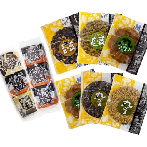 【みよし堂公式】ハッピーお試しメガ素材焼き・ゆべしセット (木の実・くるみゆべし3個入各1袋 丸ごま白・丸ごま黒・豆deずんだ・豆de真っ黒各1枚 丸deアーモンド2枚)